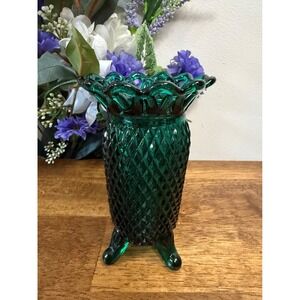 Imperial Glass Lace Edge Footed Vase –‎ Dark Teal Green Mid-Century Collectible